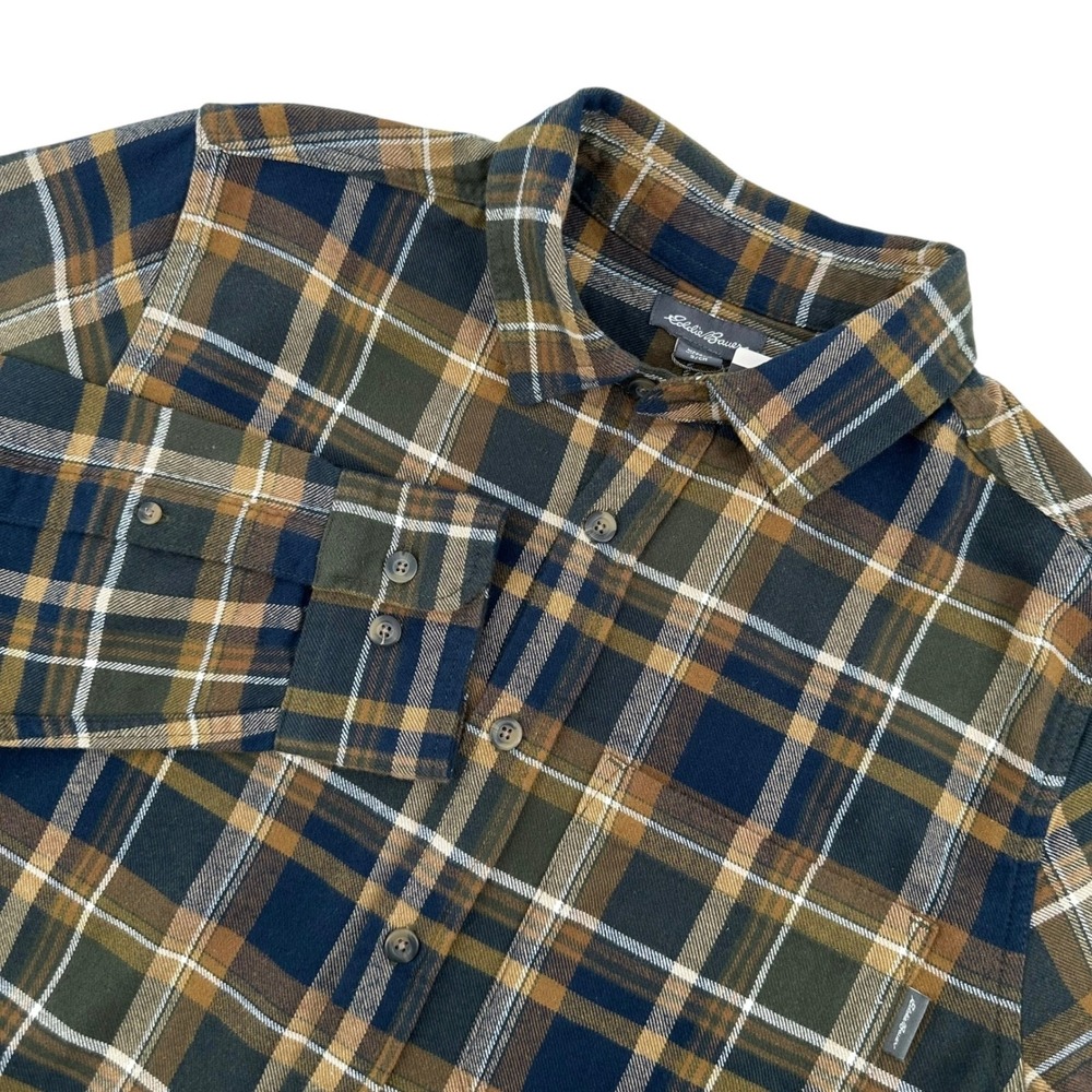 Eddie Bauer Mens Small Blue Brown Plaid Flannel Shirt Long Sleeve‎ Button Up NWT